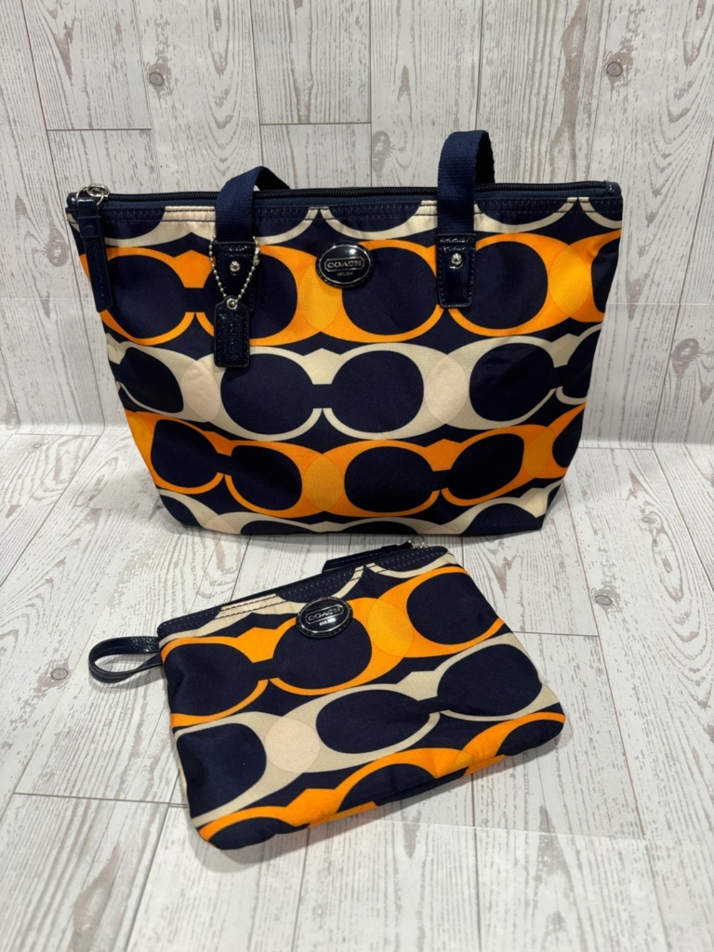 Coach Navy, Orange & Cream Signature Canvas 2 in 1 Travel and Cosmetic Bag